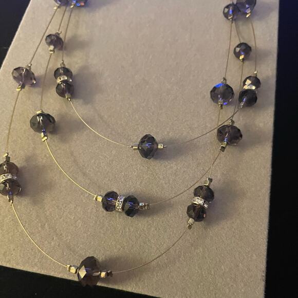 Floating Purple Beads and Rhinestone Layered Wire Necklace - Picture 2 of 2